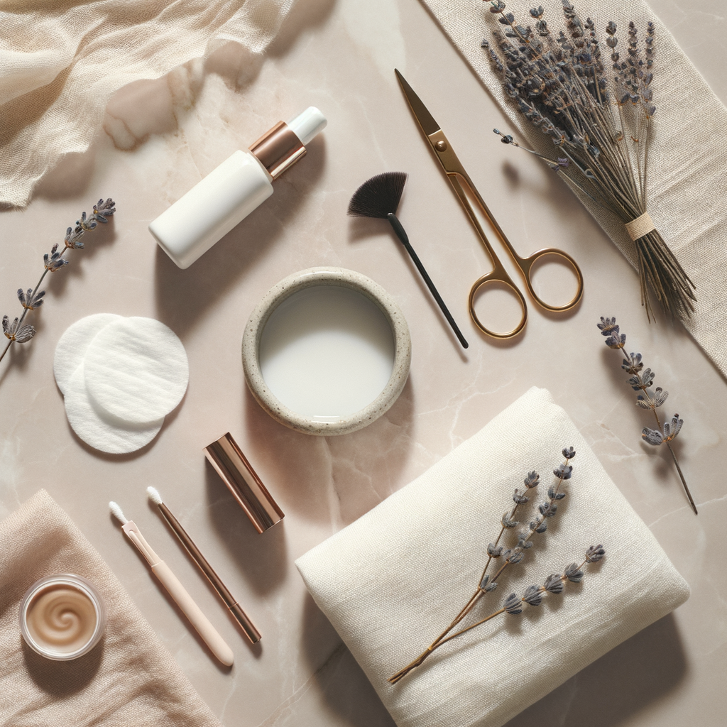 Beauty tools and lavender flat lay