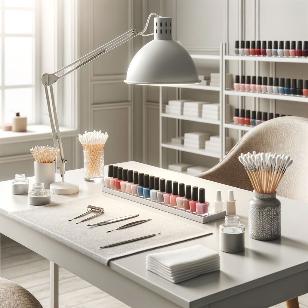 Bright nail studio workspace with organised polish collection