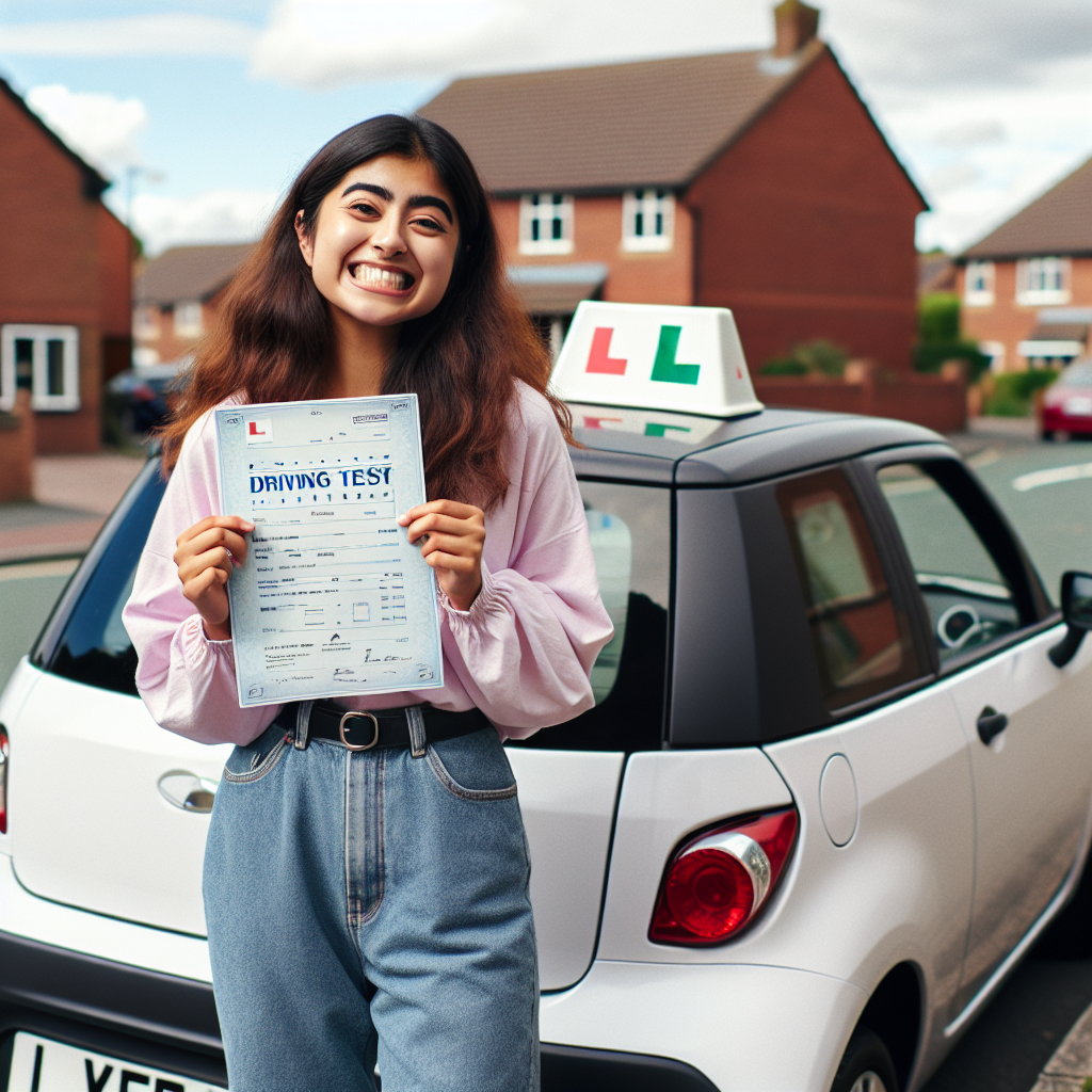 Happy learner holding her driving test pass certificate next to the lesson car