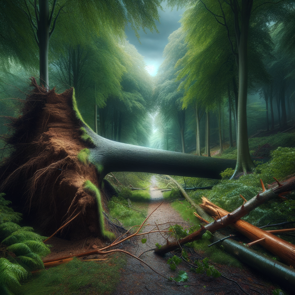Fallen tree across a path after a storm