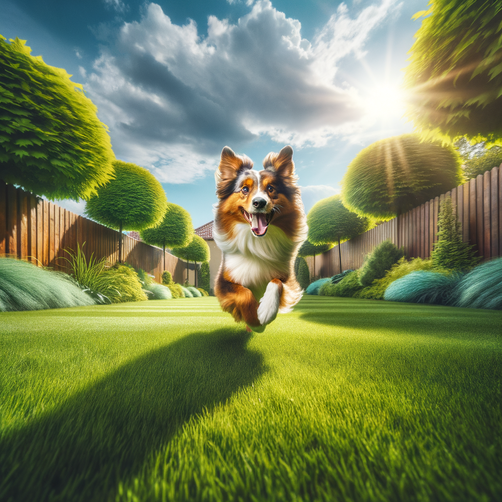 Happy dog running through a garden