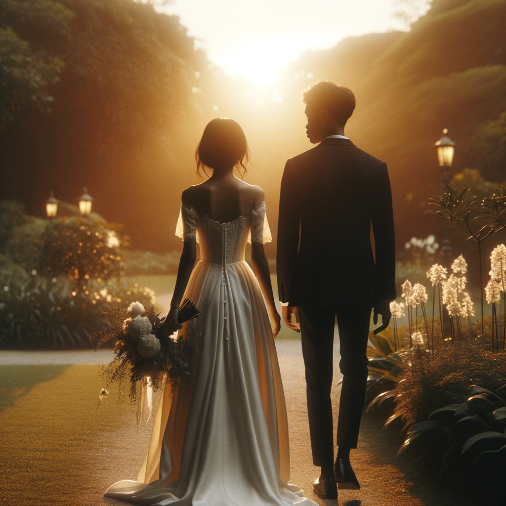 Couple walking through golden light on their wedding day