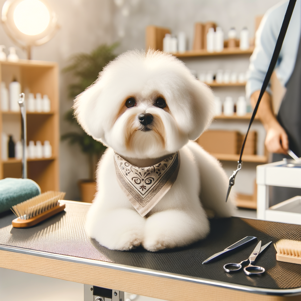 Freshly groomed dog with bandana on grooming table