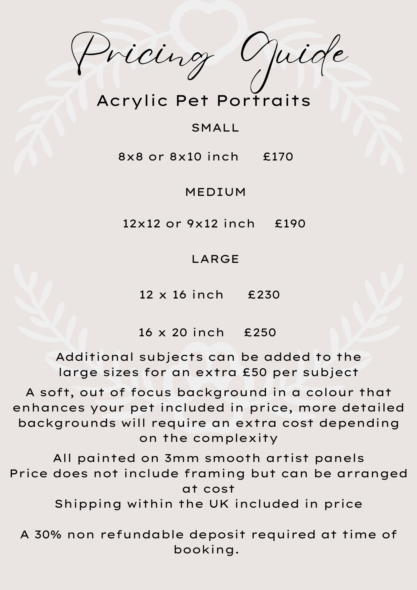 Pricing guide for acrylic pet portraits, prices transcribed below
